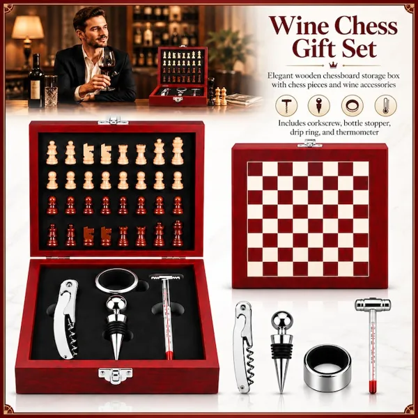 Set Desfacator de Vin cu Joc de Sah din Lemn
