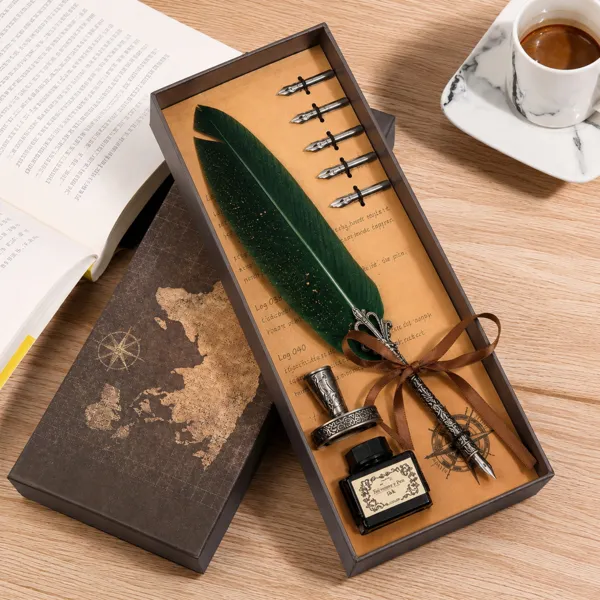 Set cadou Caligrafie Vintage cu Pana verde si Cerneala si Accesorii