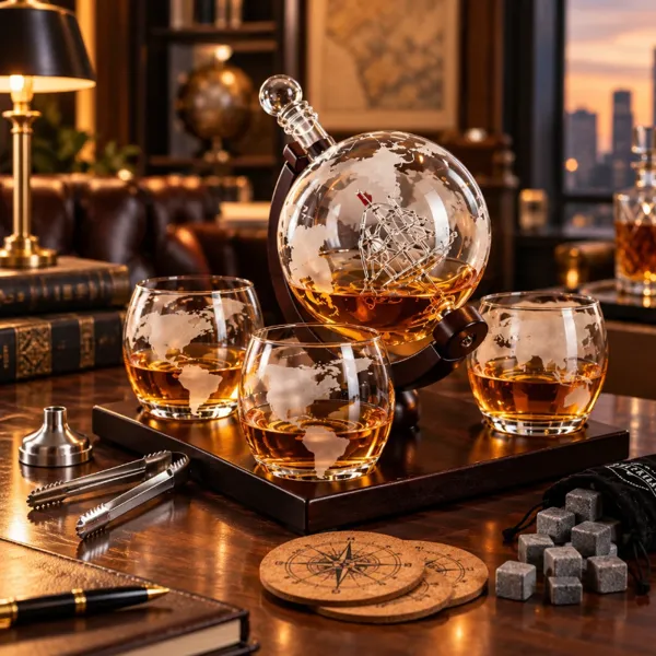 Set cadou decantor Glob Pamantesc cu 4 pahare Deluxe