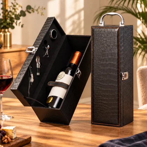 Cutie de vin Deluxe pentru 1 sticla cu accesorii de vin incluse piele…