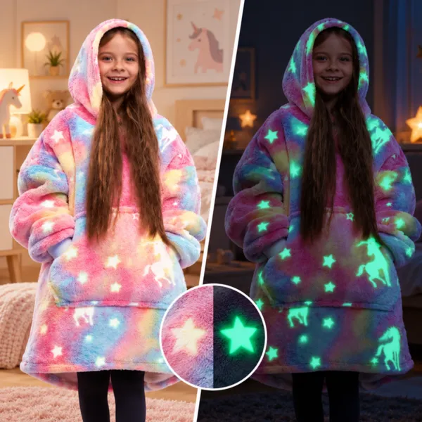 Hanorac patura cu maneci fete Unicorn Fosforescent cu buzunar cangur Flanel…